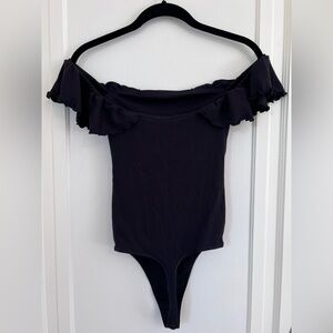 Aritzia Wilfred Black Ribbed Off-Shoulder Bodysuit